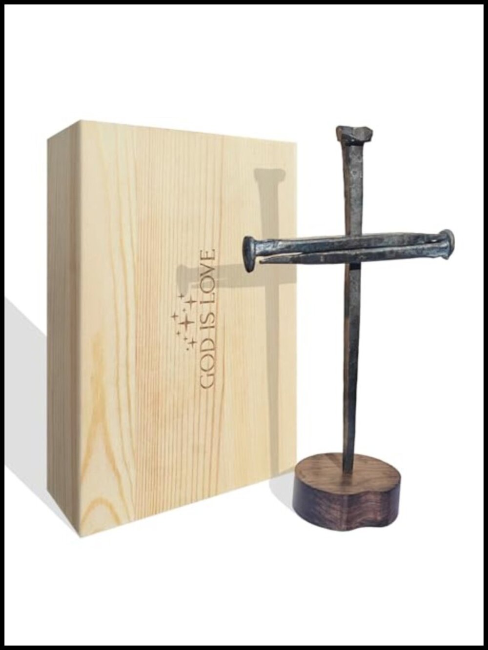Hand Forged Iron Crucifixion Nails Cross on Sandalwood Base Religious Wall Decor